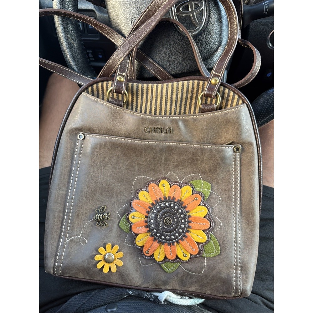 CHALA Convertable Backpack Purse Shoulder Bag Flower Bee Brown